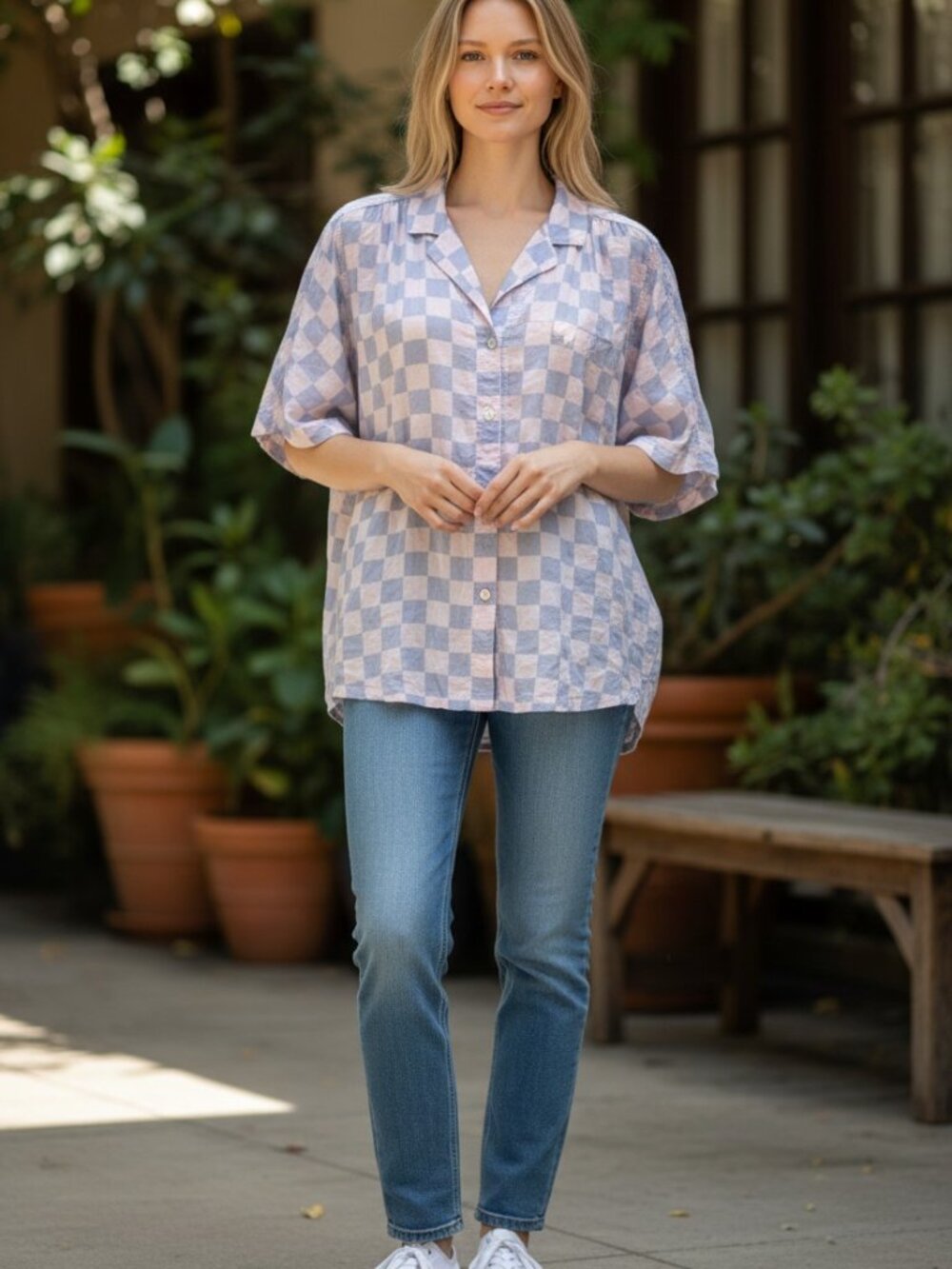 We The Free Oversized Checkered Short Sleeve Button Down Blouse XS